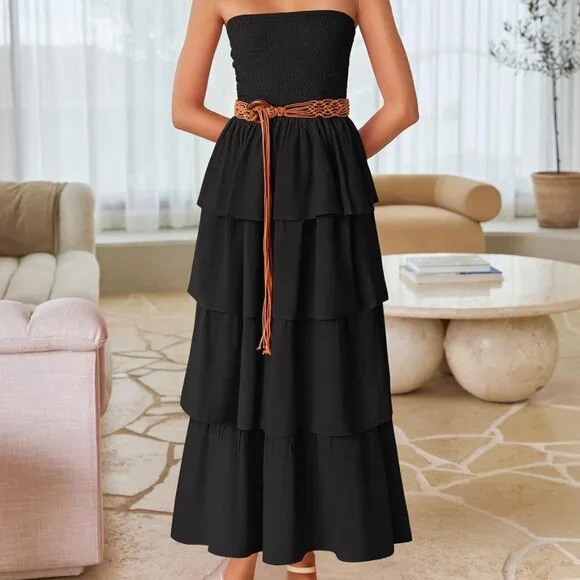 Women‘s Summer Boho Strapless Maxi Dress 2025 Casual Sleeveless Off Shoulder Smo